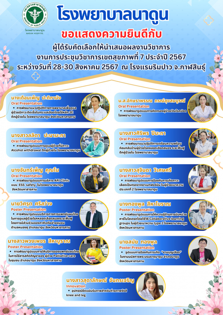 โรงพยาบาลนาดูน ขอแสดงความยินดีกับผู้ได้รับคัดเลือกให้นำเสนอผลงานวิชาการ งานการประชุมวิชาการเขตสุขภาพที่ 7 ประจำปี 2567 ระหว่างวันที่ 28-30 สิงหาคม 2567 ณ โรงแรมริมปาว จ.กาฬสินธุ์